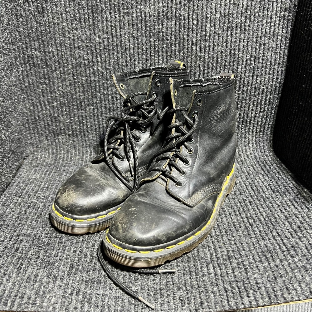Dr. Martens Black Leather 8-Eye Combat Boots with Yellow Stitching